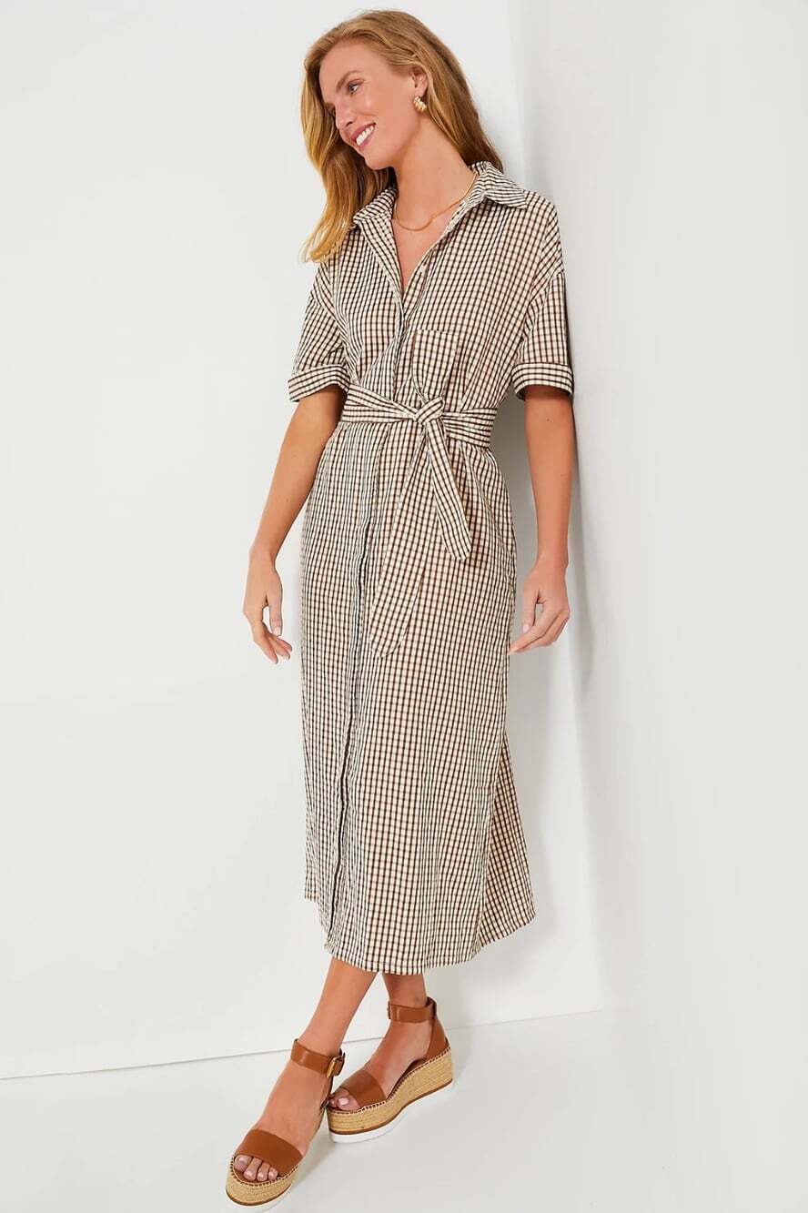 POMANDER PLACE Zacara Brown Size XXL Gingham Seersucker Dress Vacation Relaxed
